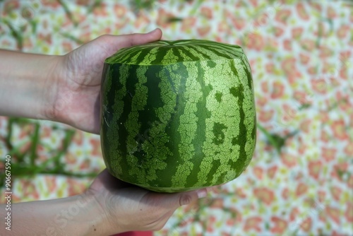 A Japanese cubic watermelon, exotic and unique shape. photo