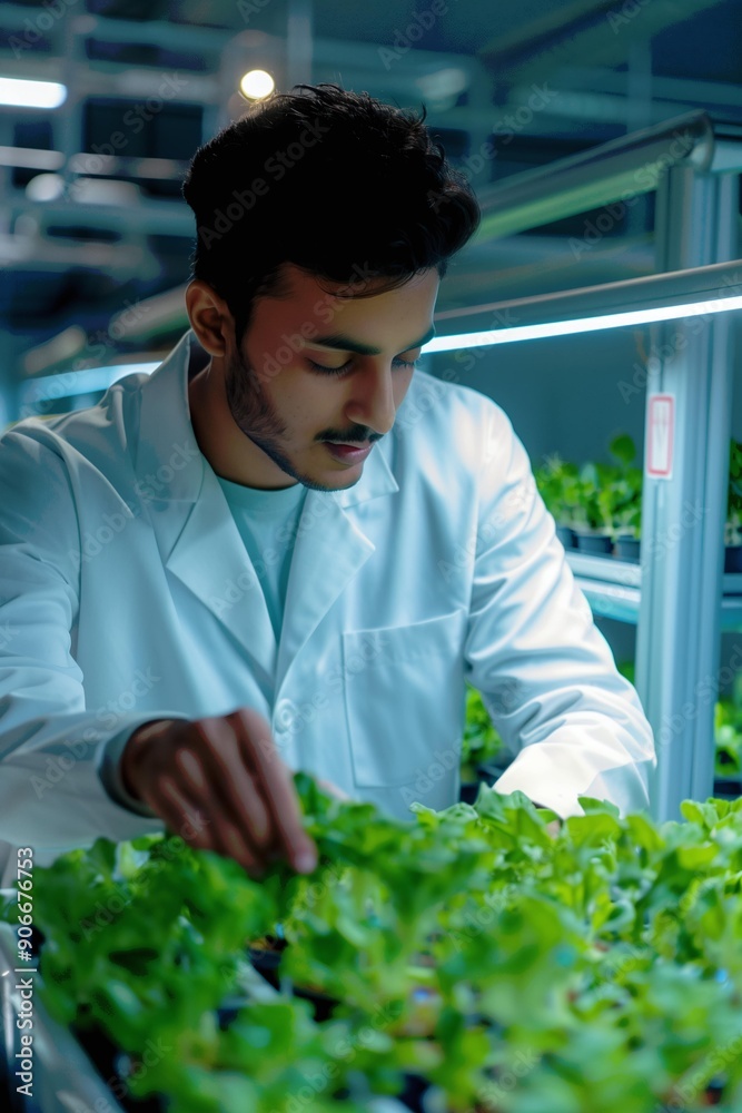 Indian man scientist examining an hydroponic vertical urban farm. Renewable agriculture. Portrait photography (2:3) Indian man scientist examining an hydroponic vertical urban farm. Renewable agriculture. Portrait photography (2:3)