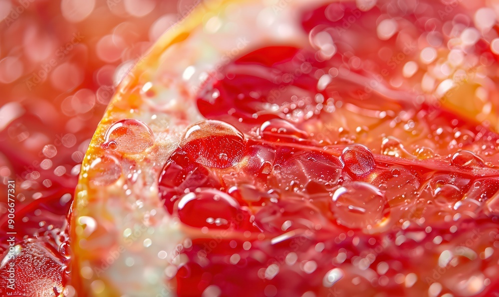 Closeup of fresh red grapefruit slices with water droplets. Free copy space for text. Closeup of fresh red grapefruit slices with water droplets. Free copy space for text.