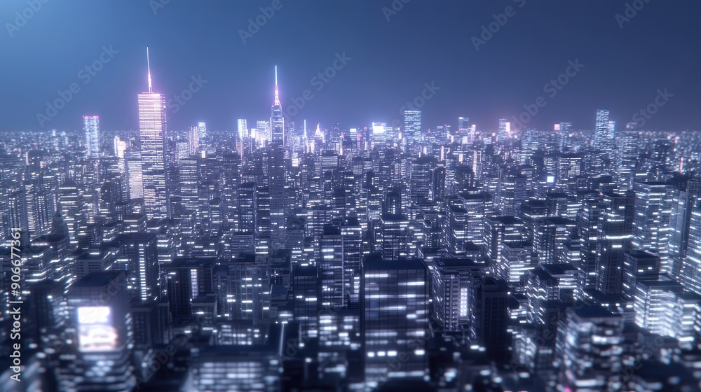 Fototapeta premium A vibrant cityscape showcases glowing buildings and illuminated streets, creating a striking visual of urban life during nighttime