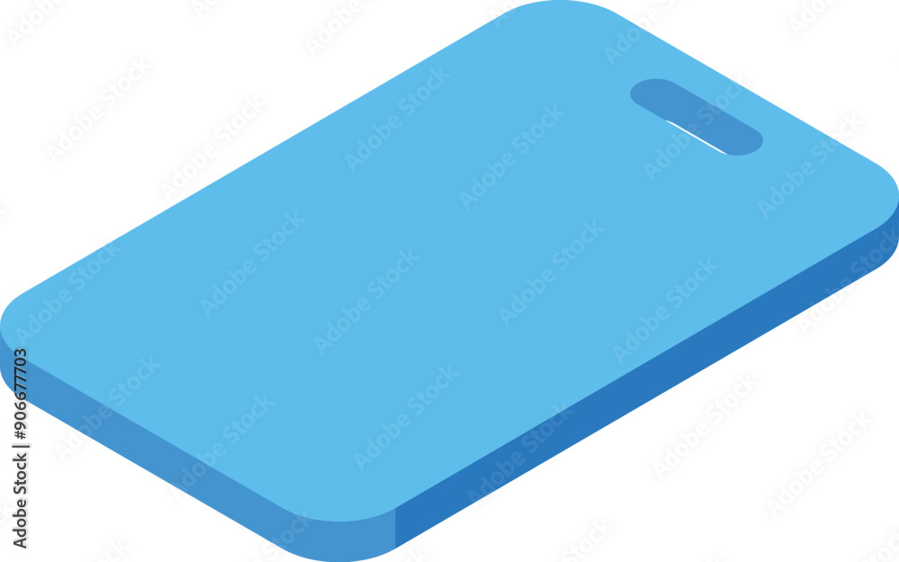 Blue plastic kitchen cutting board is lying on a white background in this isometric view Blue plastic kitchen cutting board is lying on a white background in this isometric view