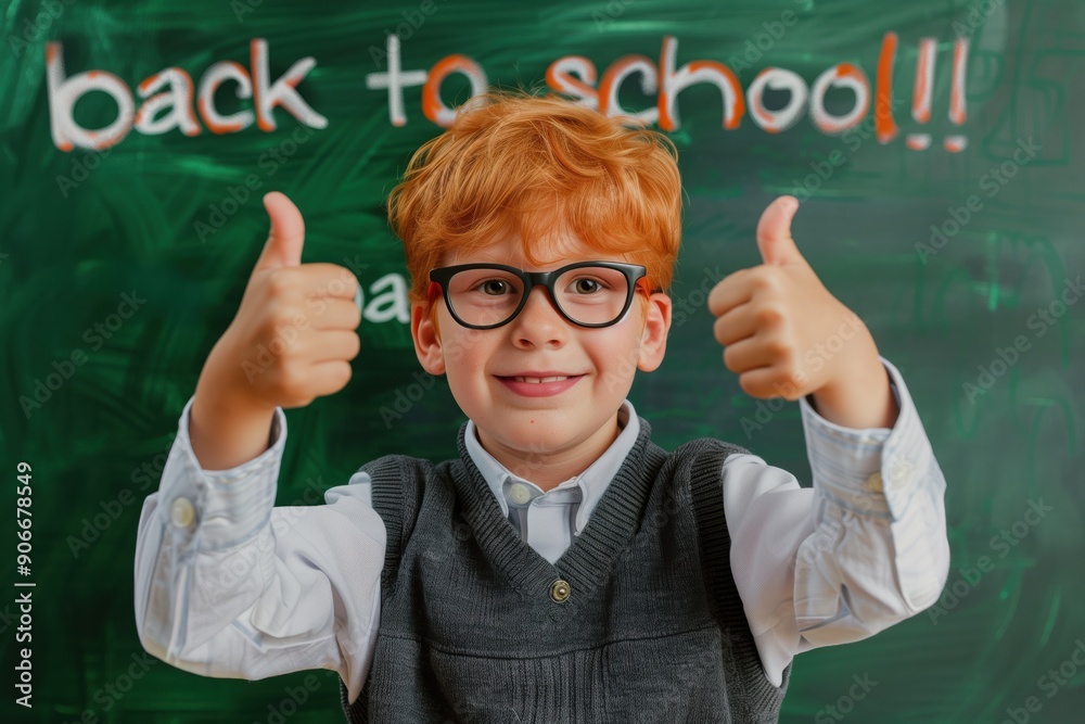 A red haired boy with glasses points his thumbs up and smiles in front of a blackboard with a back to school sign on it A red haired boy with glasses points his thumbs up and smiles in front of a blackboard with a back to school sign on it