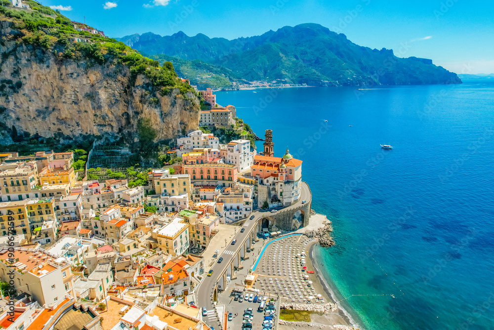 Naklejka premium Atrani on Amalfi Coast, Italy. Aerial photo of famous city Atrani located on Amalfi Coast in Italy