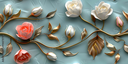 Seamless 3D White, Pink, and Red Cherry Blossom Flowers in Branches on a Light Background. Abstract Floral 3D Landscape Wall Sticker. Hd Seamless Magnolia, Frangipani, Rose Flower Wallpaper.