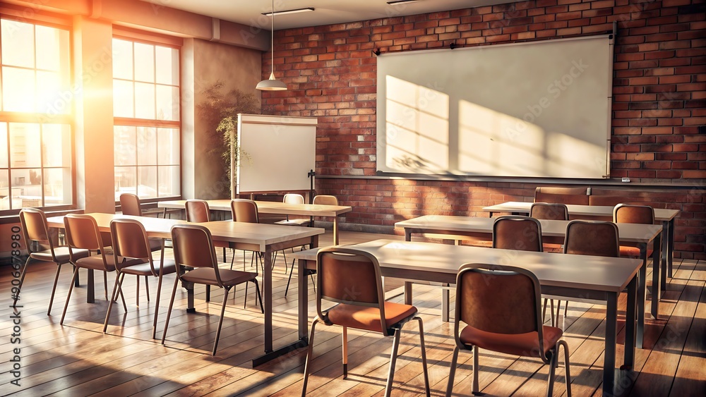 Empty classroom with modern desk and chairs. Interior of a modern school classroom Empty classroom with modern desk and chairs. Interior of a modern school classroom