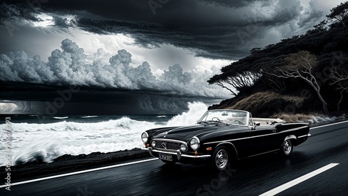 convertible on a coastal road, crashing waves, dramatic sky, storm clouds forming, windblown trees