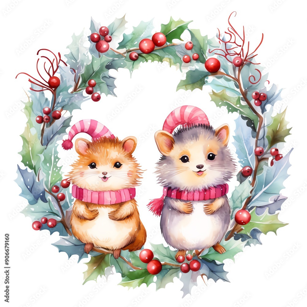 Fototapeta premium Cute Christmas hamsters wearing scarves, sitting in a festive wreath adorned with holly and berries, watercolor illustration.