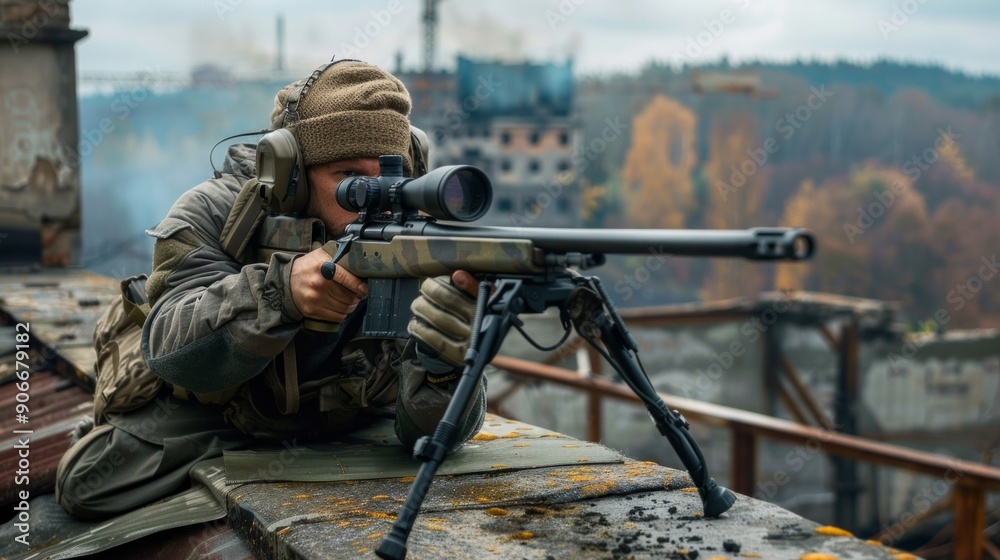 Fototapeta premium Infantry soldier shooting during military combat training. war, army, weapon, technology and people concept.