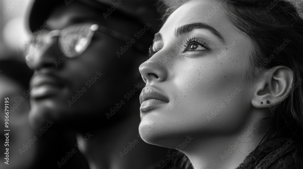 A pair of people, one woman and one man, photographed in black and white A pair of people, one woman and one man, photographed in black and white