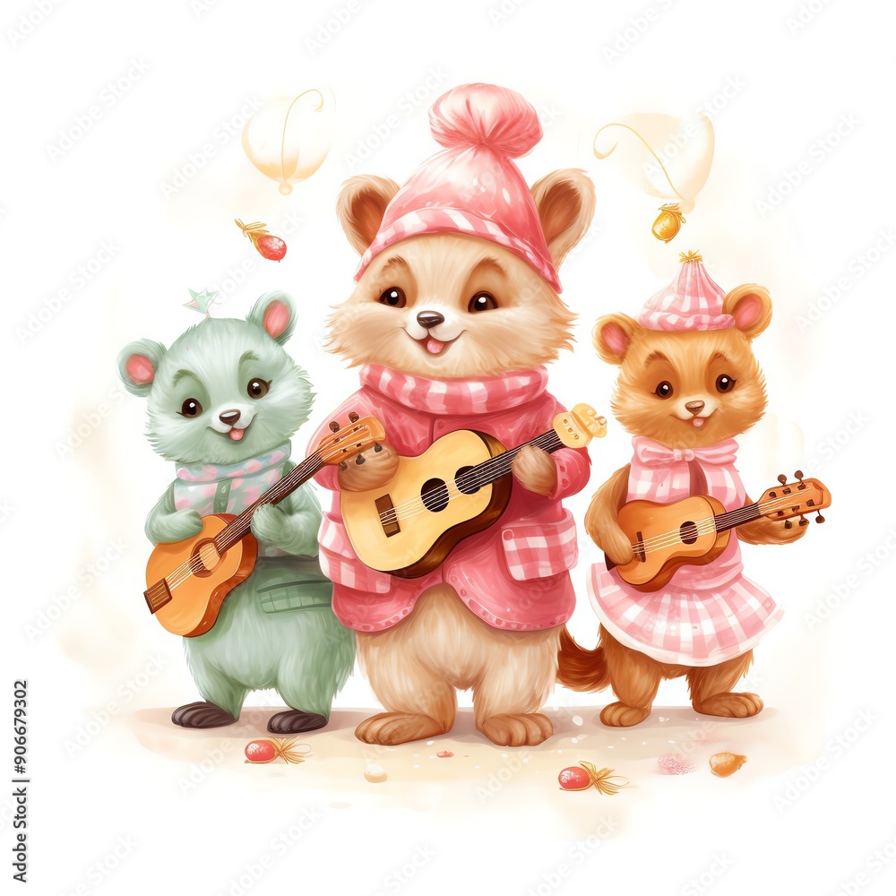 Naklejka premium Illustration of cute animals playing ukuleles, wearing winter clothing. Perfect for children's stories, educational materials, and festive designs.
