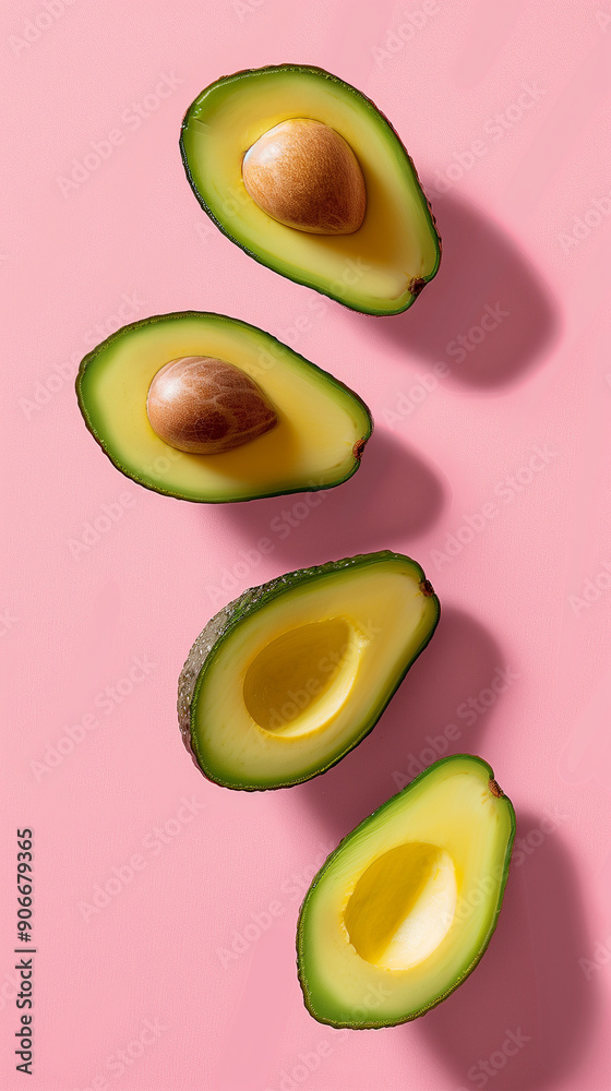 Pink background with avocados.Minimal composition.Pastel colors.90s, 80s retro aesthetic Pink background with avocados.Minimal composition.Pastel colors.90s, 80s retro aesthetic