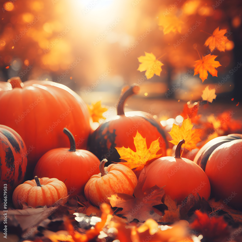 Defocused Bright Autumn Background with Leaves in the Park, Pumpkins on a Sunny Day Defocused Bright Autumn Background with Leaves in the Park, Pumpkins on a Sunny Day