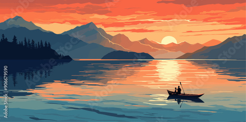 Tranquil Sunset Over a Lake with a Lone Canoe and Mountainous Landscape.