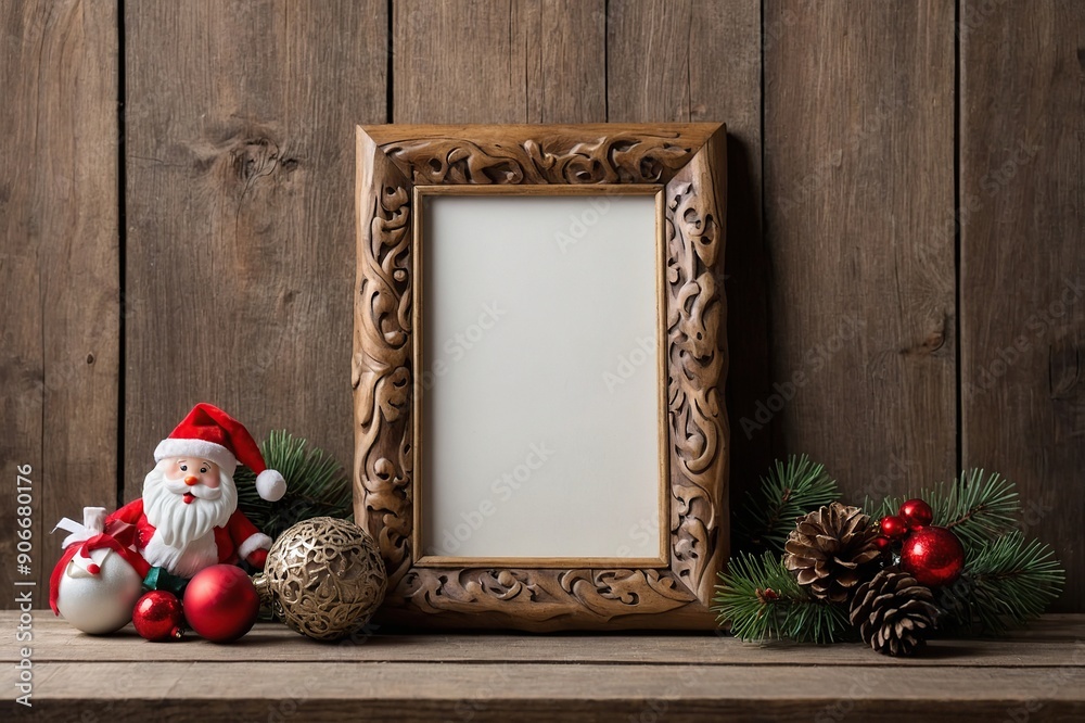 Fototapeta premium Christmas background empty wooden picture frame mock up and decoration