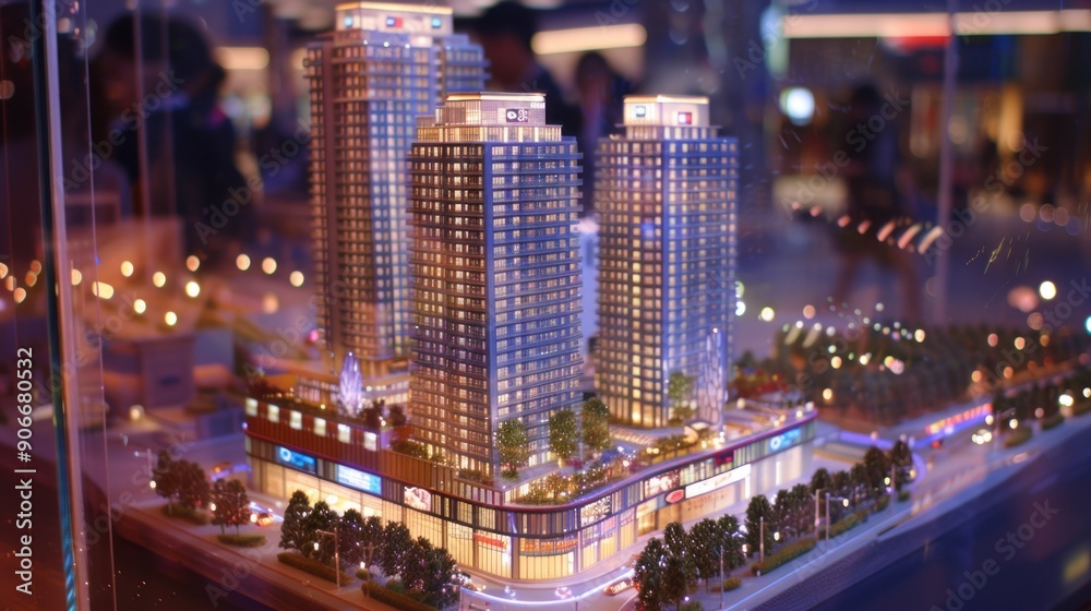 Generate a photo realistic image of a maquette illustrating a commercial center with office towers, retail stores, and entertainment venues; ensure the image is of high resolution for clear Generate a photo realistic image of a maquette illustrating a commercial center with office towers, retail stores, and entertainment venues; ensure the image is of high resolution for clear