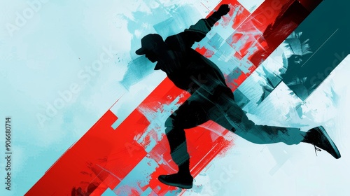 Dynamic breakdancer in freeze, layered with abstract patterns, sophisticated interior design, vibrant and moody color scheme, artistic feel photo