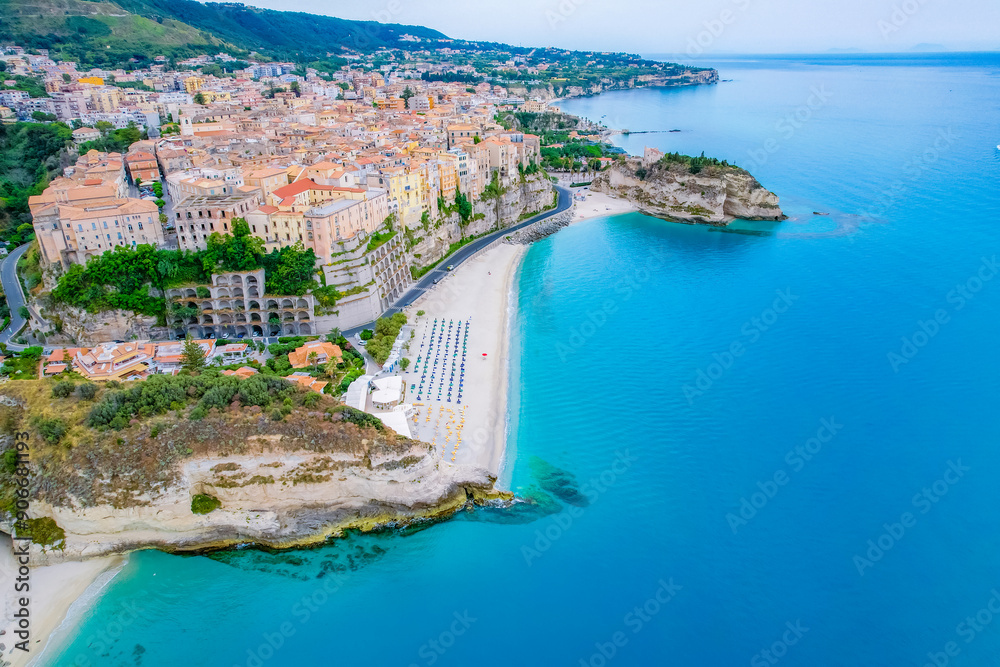 Fototapeta premium Tropea, Calabria, Italy. Church of Santa Maria dell'Isola. Monastery and coastline with azure crystal-clear water