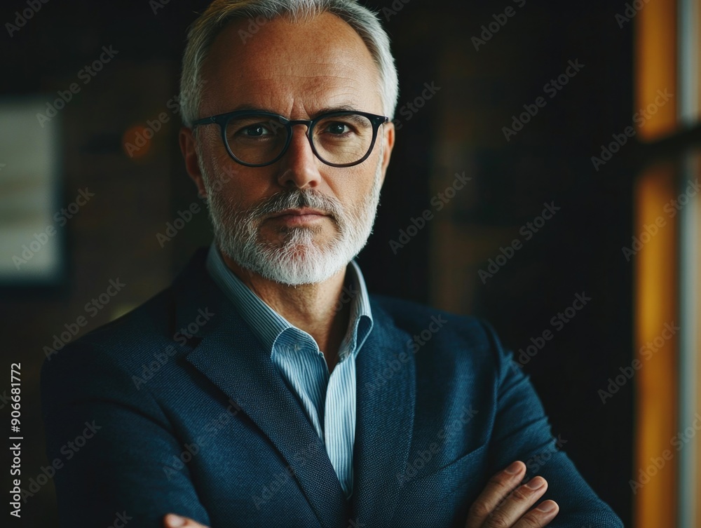 A professional-looking individual standing with arms crossed, wearing a suit and glasses A professional-looking individual standing with arms crossed, wearing a suit and glasses