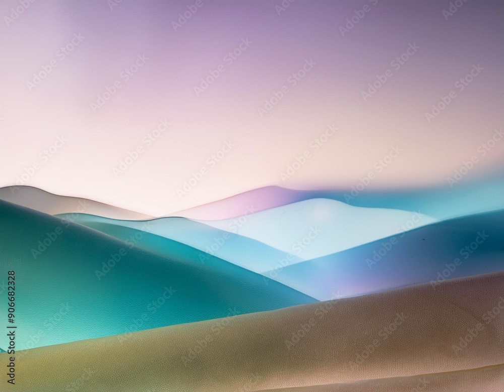 Colourful opalizing flatlay background with soft wavy shapes of a blurred mountain landscape. 