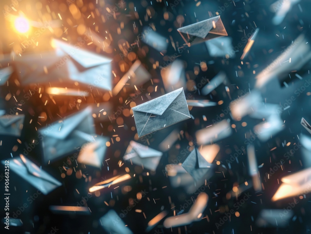 A collection of envelopes in mid-air, as if being carried by wind or thrown by someone A collection of envelopes in mid-air, as if being carried by wind or thrown by someone