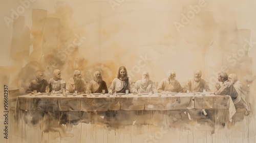 Jesus Near the table at the table at the Last Supper. Adoration of God. Digital watercolour painting. Easter