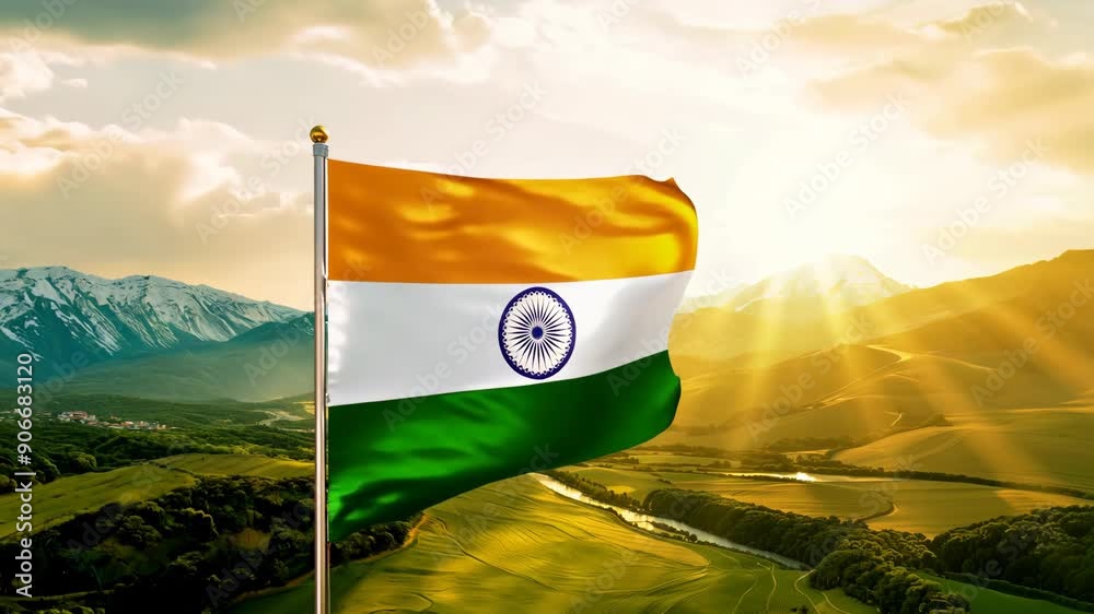 Motion of Indian national flag waving on the sky with beautiful landscape on sunrise. Independence Day and Republic day of India. Labour Day. Maharashtra Day. Election in India. Patriotic background