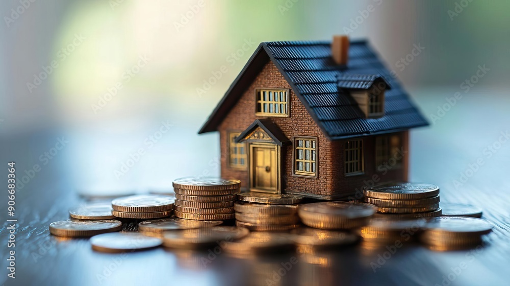 A small model house is surrounded by piles of coins, symbolizing real estate investment and financial planning. A small model house is surrounded by piles of coins, symbolizing real estate investment and financial planning.