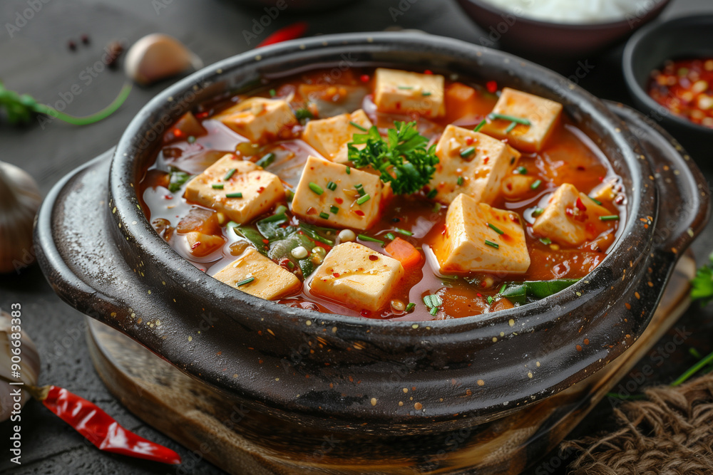 Doenjang Jjigae is a typical Korean dish with tofu and vegetables cooked in a clay pot Doenjang Jjigae is a typical Korean dish with tofu and vegetables cooked in a clay pot