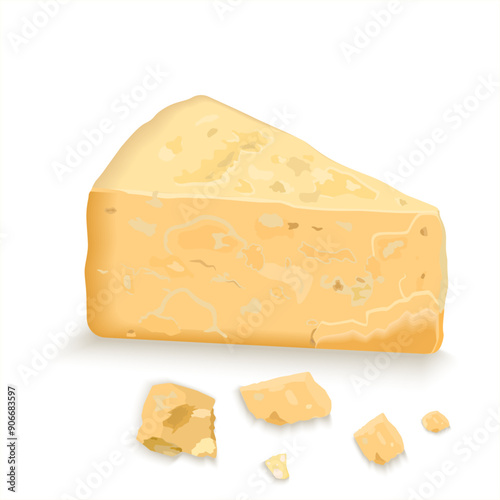 A slice of Parmesan cheese, triangular piece hard cheese. Dairy and cheese products. Hard cheese pecorino. Realistic vector illustration isolated on white background