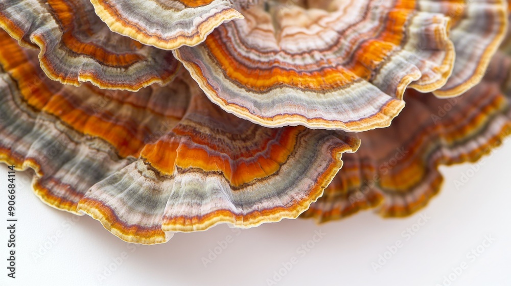 Close-up of the edges of turkey tail mushrooms, highlighting their wavy and colorful patterns on a white background. Close-up of the edges of turkey tail mushrooms, highlighting their wavy and colorful patterns on a white background.