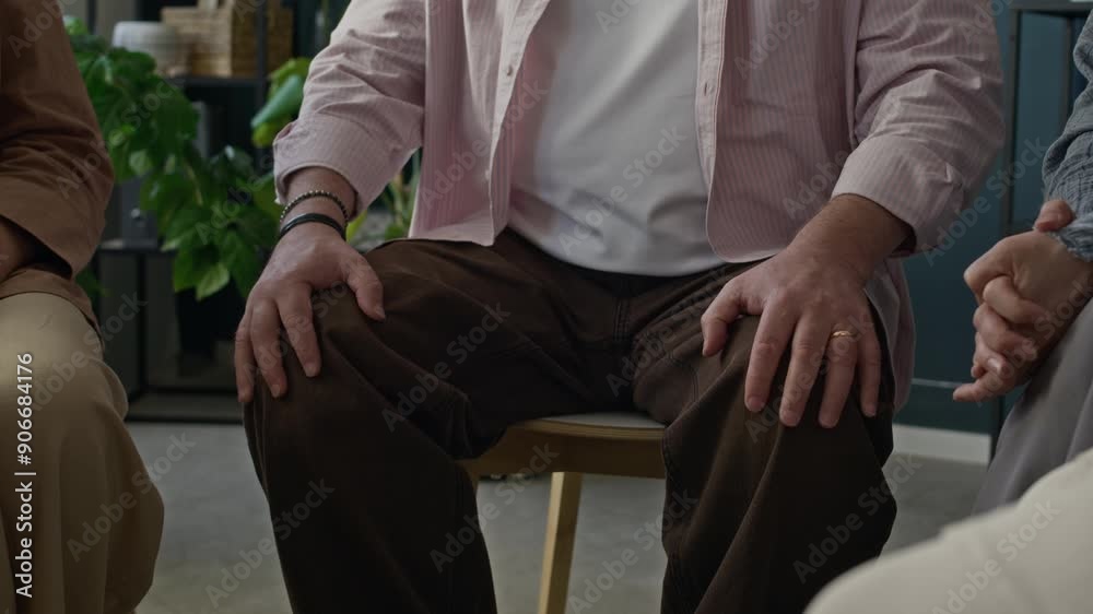 Cropped shot of unrecognizable man sitting with hands down on his knees and speaking during group therapy session with other people indoors Cropped shot of unrecognizable man sitting with hands down on his knees and speaking during group therapy session with other people indoors