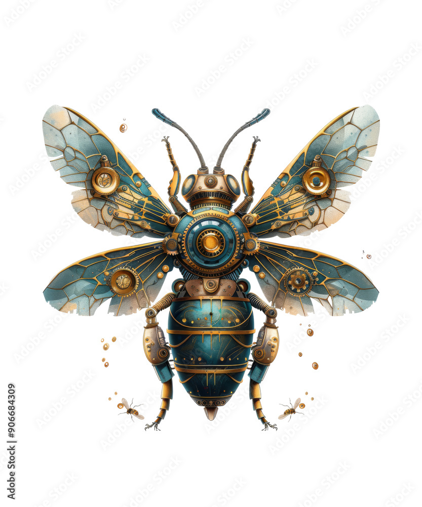Fototapeta premium A blue and gold insect with a mechanical design. The insect has a large, metallic head and is surrounded by smaller, mechanical parts. Scene is futuristic and industrial