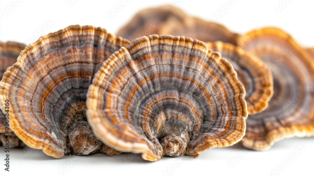 Close-up of the underside of organic turkey tail mushrooms, displaying their gills on a white background. Close-up of the underside of organic turkey tail mushrooms, displaying their gills on a white background.