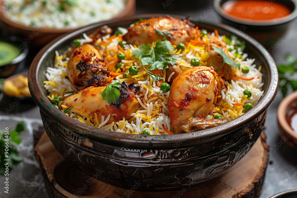 Chicken biryani in a traditional Indian pot. Traditional Cuisine Concept Chicken biryani in a traditional Indian pot. Traditional Cuisine Concept