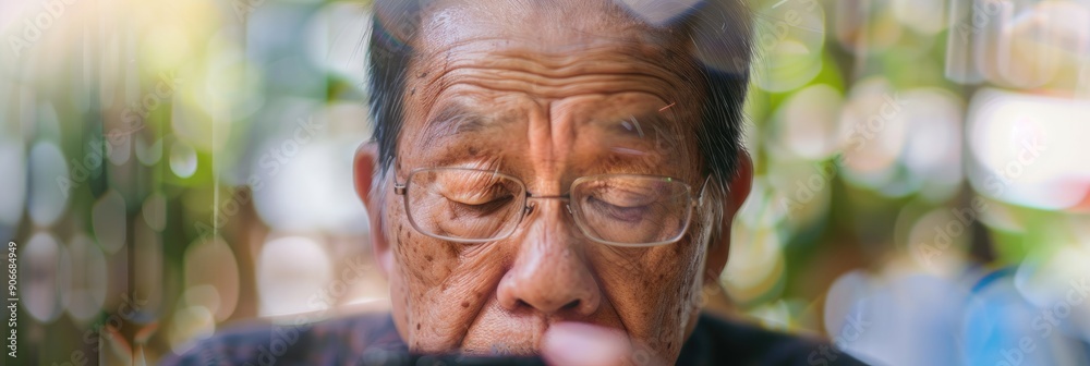 Blurred Vision Elderly Asian Man Struggling with Eye Strain from Prolonged Smartphone Use