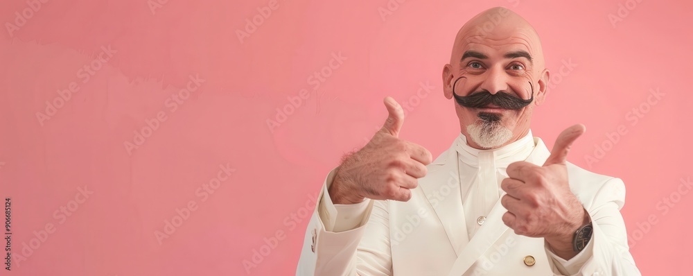Funny bald man in white suit with handlebar mustache. Free copy space for text. Funny bald man in white suit with handlebar mustache. Free copy space for text.