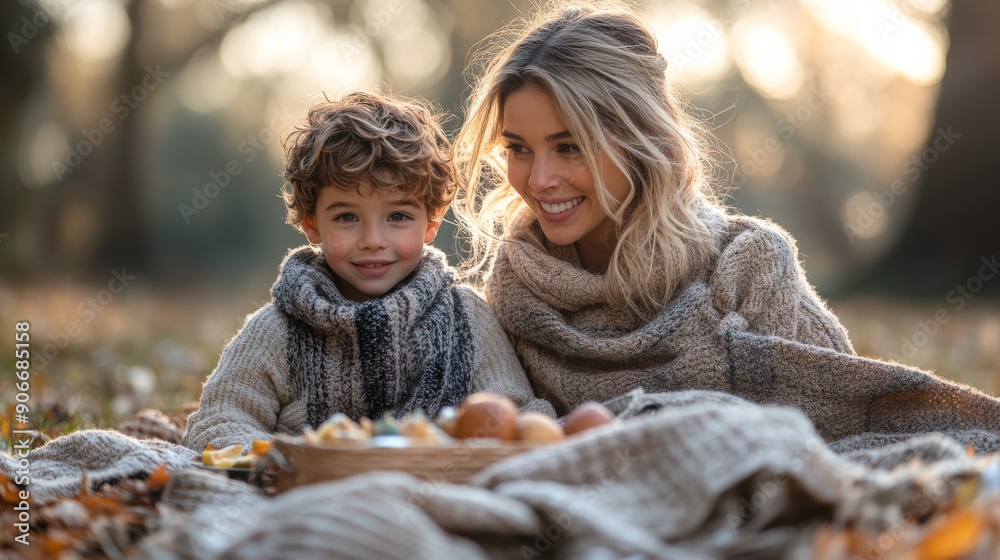 Obraz premium Family Picnic Bliss: Mother and Sons Enjoying Time in the Park