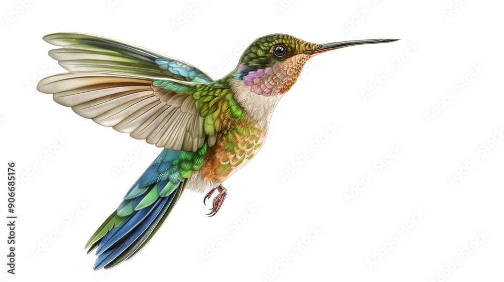A colorful hummingbird is flying in the air isolated on a transparent background A colorful hummingbird is flying in the air isolated on a transparent background