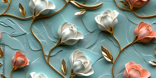 Seamless 3D White, Pink, and Red Cherry Blossom Flowers in Branches on a Light Background. Abstract Floral 3D Landscape Wall Sticker. Hd Seamless Magnolia, Frangipani, Rose Flower Wallpaper.