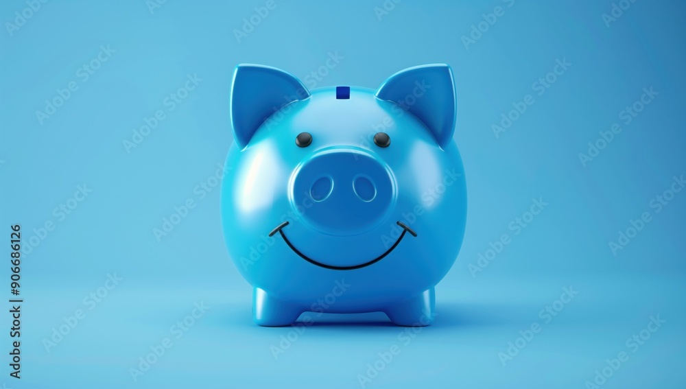 Fototapeta premium Blue pig piggy bank on a blue background smiling with space for your text