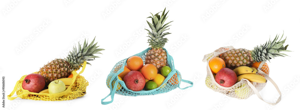 Set of different string bags with fruits isolated on white Set of different string bags with fruits isolated on white