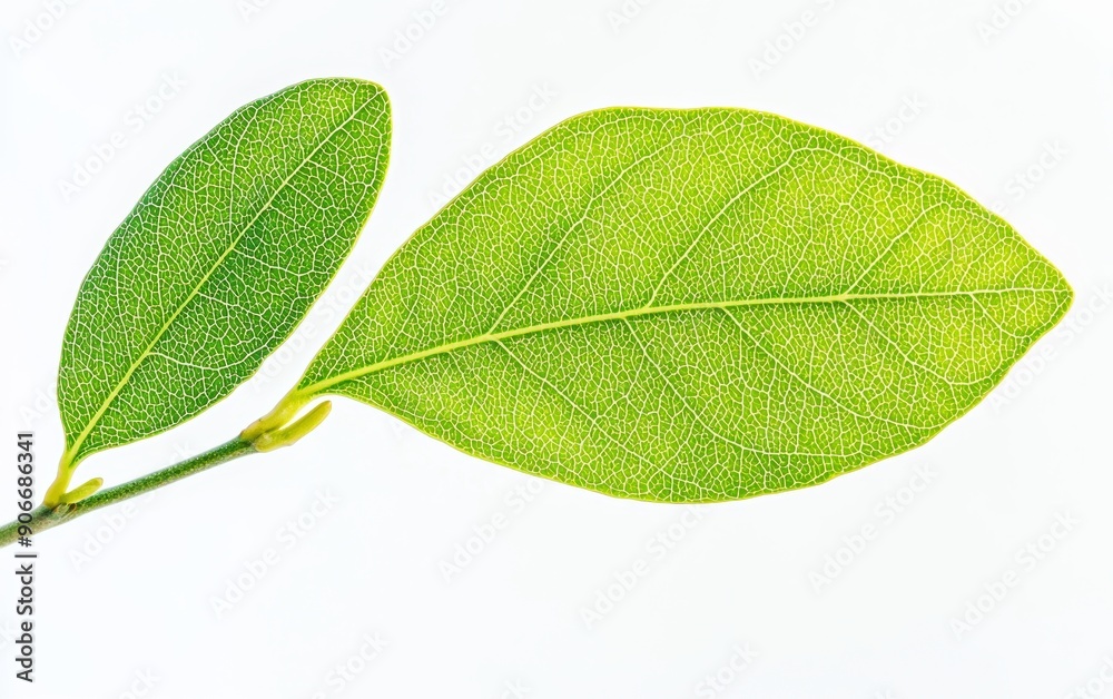 Obraz premium Close-up view of vibrant green leaves against a clean white background, showcasing rich texture and natural beauty.