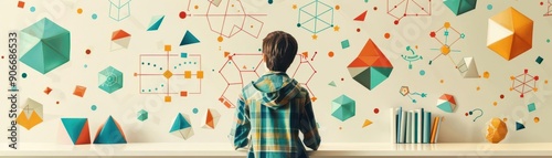 Student engaged in geometry study with geometric figures and mathematical symbols.