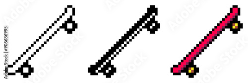 Red Skateboard in Diagonal view, Pixel Art Icon Set