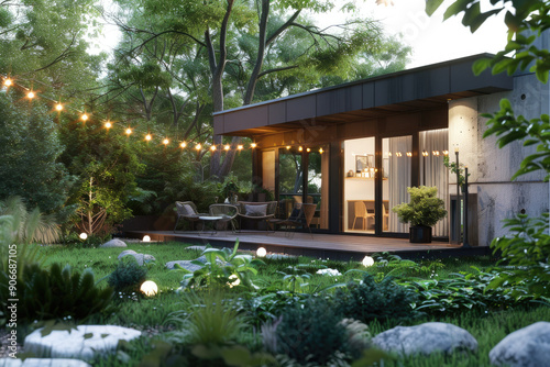 3D rendering of a small modern backyard with a patio area surrounded by lush greenery © Kien