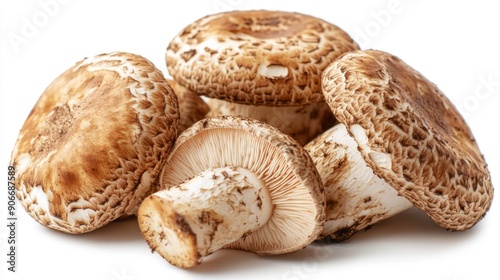 Detailed shot of Matsutake mushrooms with earthy colors and natural textures, set on a white background.