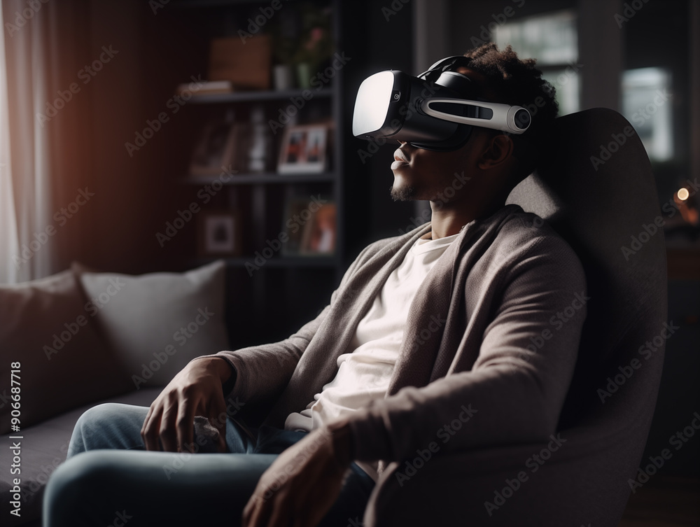 A man sitting in a chair wearing virtual reality glasses, VR virtual reality goggles, digital experience, 3D visualization, entertainment, virtual simulation A man sitting in a chair wearing virtual reality glasses, VR virtual reality goggles, digital experience, 3D visualization, entertainment, virtual simulation