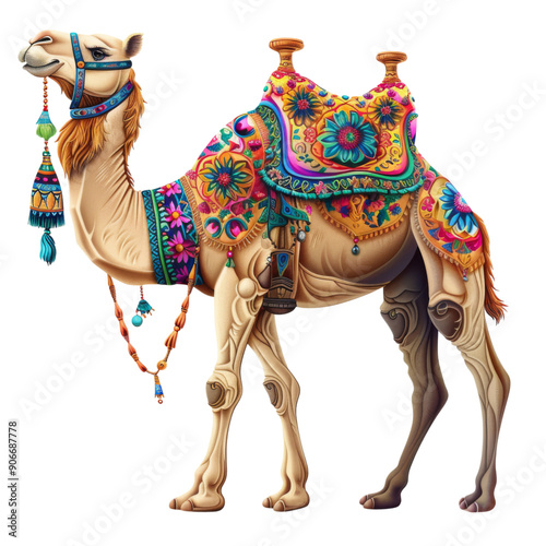 A camel with a colorful saddle and a flowery blanket on its back