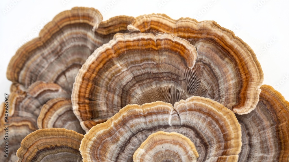 Detailed view of a cluster of turkey tail mushrooms, with their unique shapes highlighted against a white background. Detailed view of a cluster of turkey tail mushrooms, with their unique shapes highlighted against a white background.