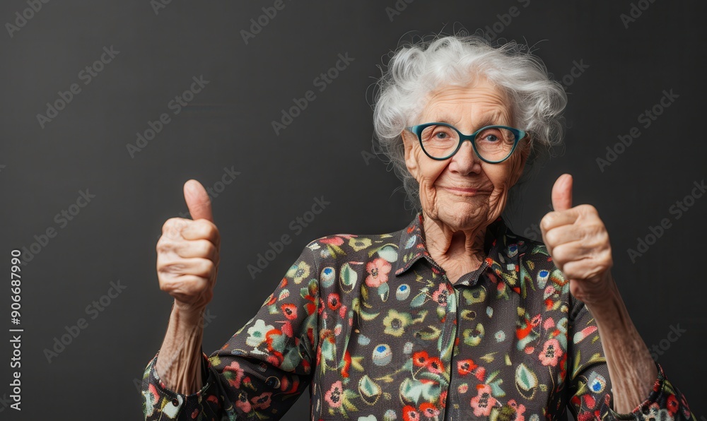 Elderly woman with glasses showing thumbs up. Free copy space for text. Elderly woman with glasses showing thumbs up. Free copy space for text.
